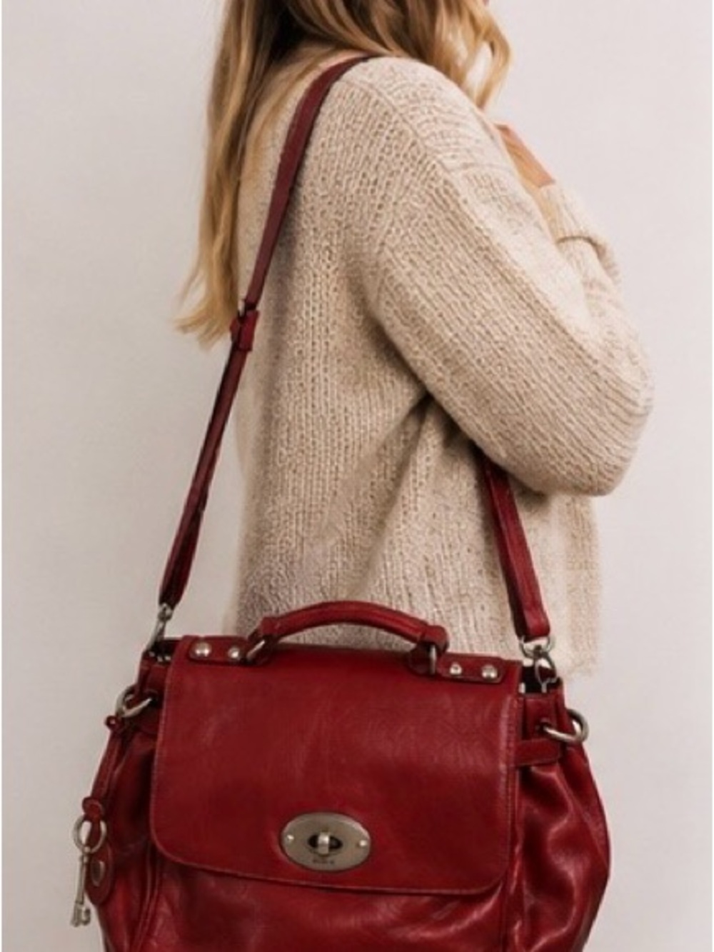 Fossil Red Leather Satchel Shoulder Bag | Genuine Leather - Picture 6 of 6